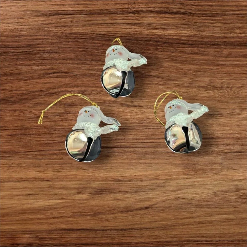Snowman Bell Christmas Ornaments Set Of 3 Hanging Decorations Frosted & Silver S